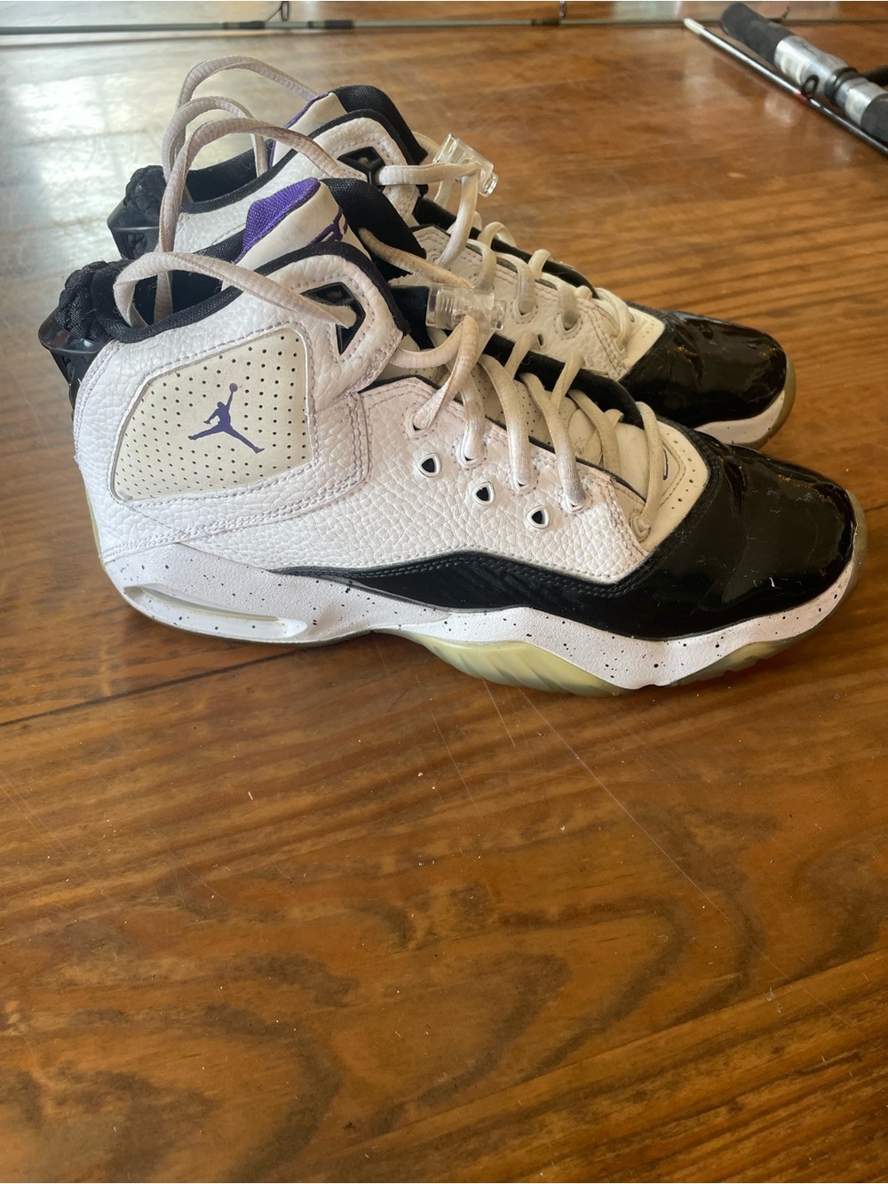 Nike Jordan Kids' White and Black Sneakers with Purple Accent, size 7Y casual